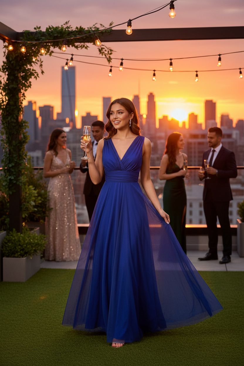 Vestido Azul Klein Cruzado con Tul - Elegancia Atemporal