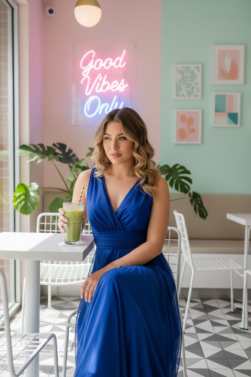 Vestido Azul Klein Cruzado con Tul - Elegancia Atemporal