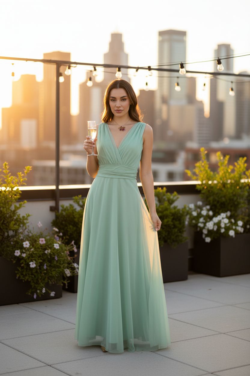 Vestido Verde Menta Cruzado con Tul - Frescura y Elegancia