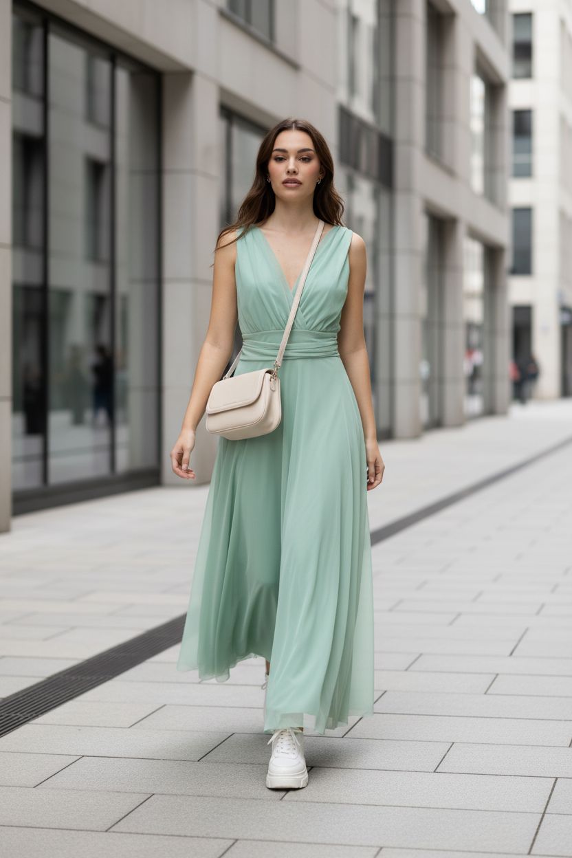Vestido Verde Menta Cruzado con Tul - Frescura y Elegancia
