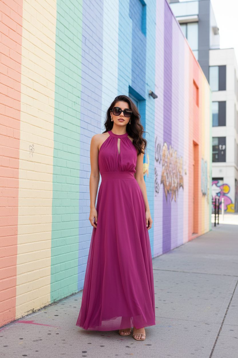 Vestido Fucsia Halter con Tul - Sofisticación Moderna