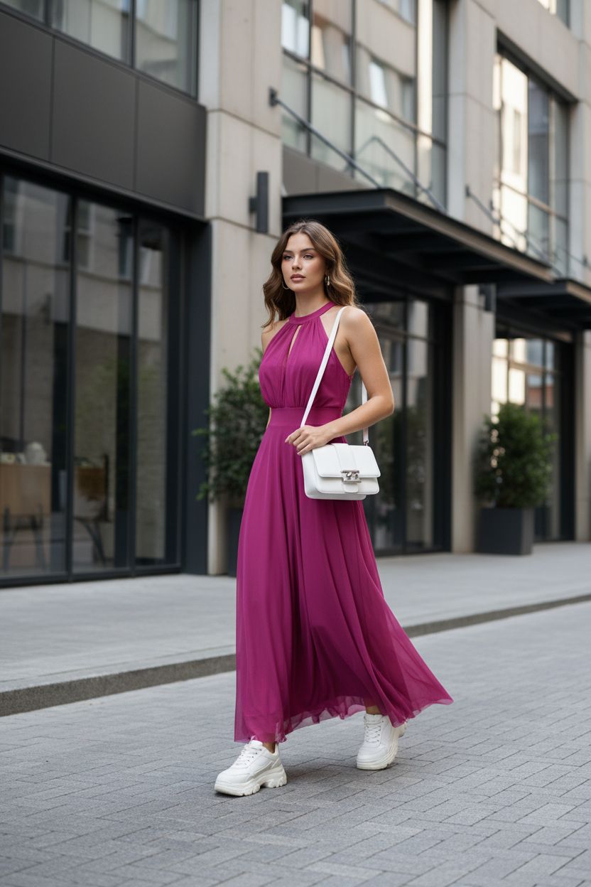 Vestido Fucsia Halter con Tul - Sofisticación Moderna