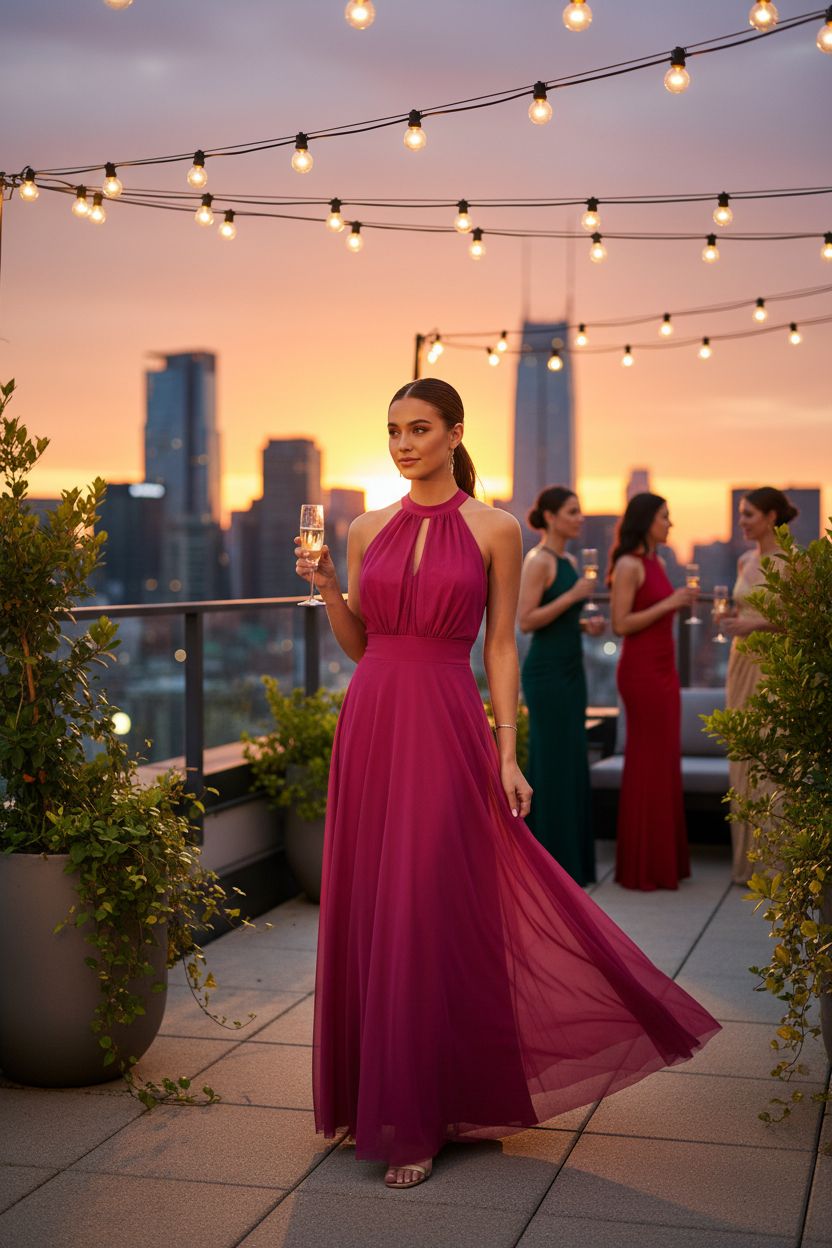 Vestido Fucsia Halter con Tul - Sofisticación Moderna