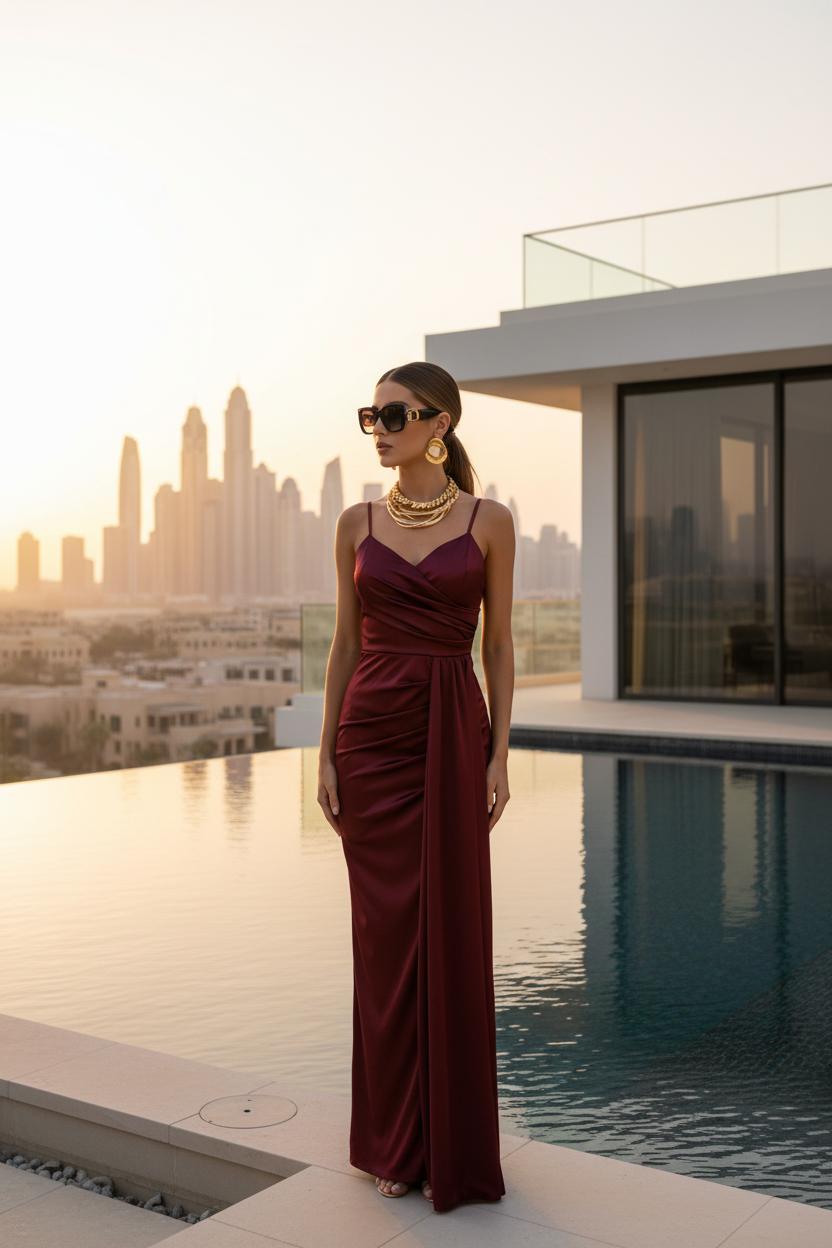 Vestido Burdeos Satinado con Tirantes - Lujo Mediterráneo