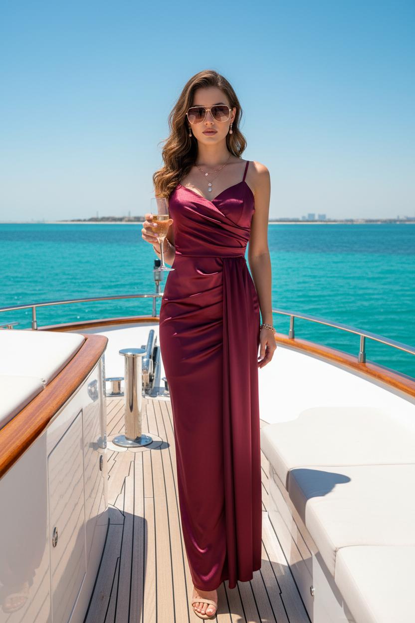 Vestido Burdeos Satinado con Tirantes - Lujo Mediterráneo