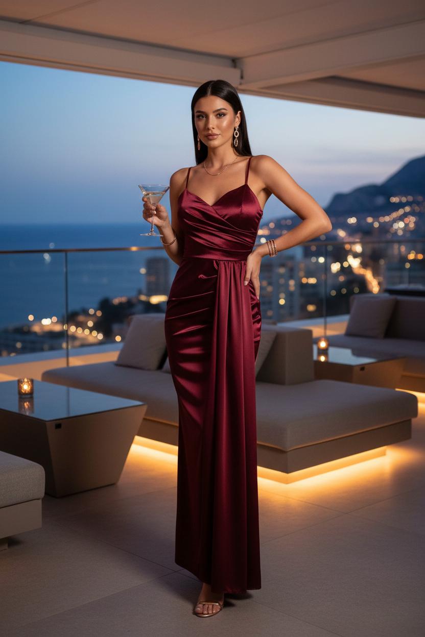 Vestido Burdeos Satinado con Tirantes - Lujo Mediterráneo