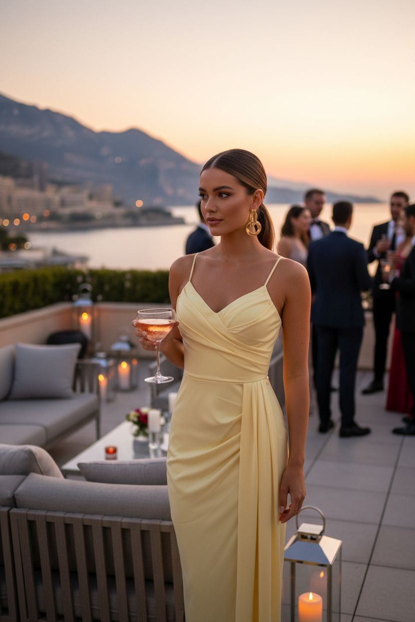 Vestido Amarillo Pastel Satinado Cruzado - Dulzura Sofisticada