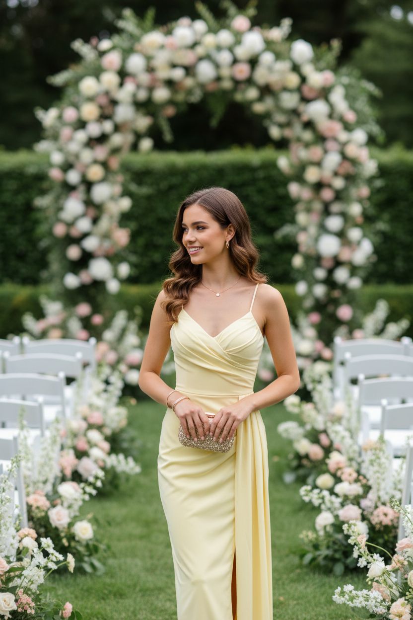Vestido Amarillo Pastel Satinado Cruzado - Dulzura Sofisticada