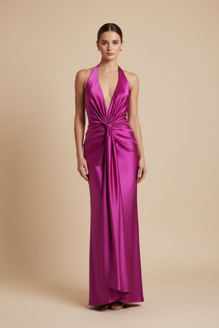 Vestido Fucsia Satinado Halter con Nudo - Glamour Absoluto