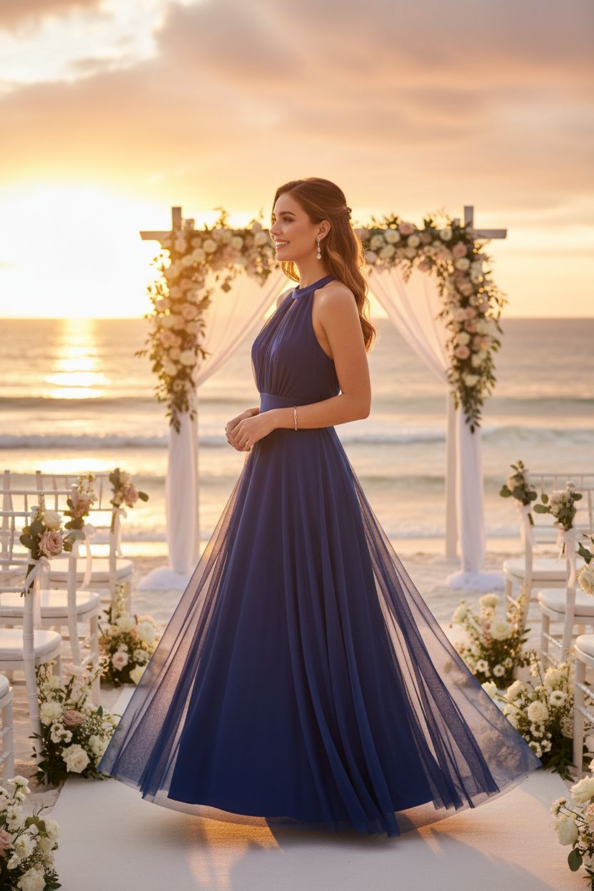 Vestido Invitada Boda Azul Royal Halter Tul - Elegante Largo Fiesta Evento