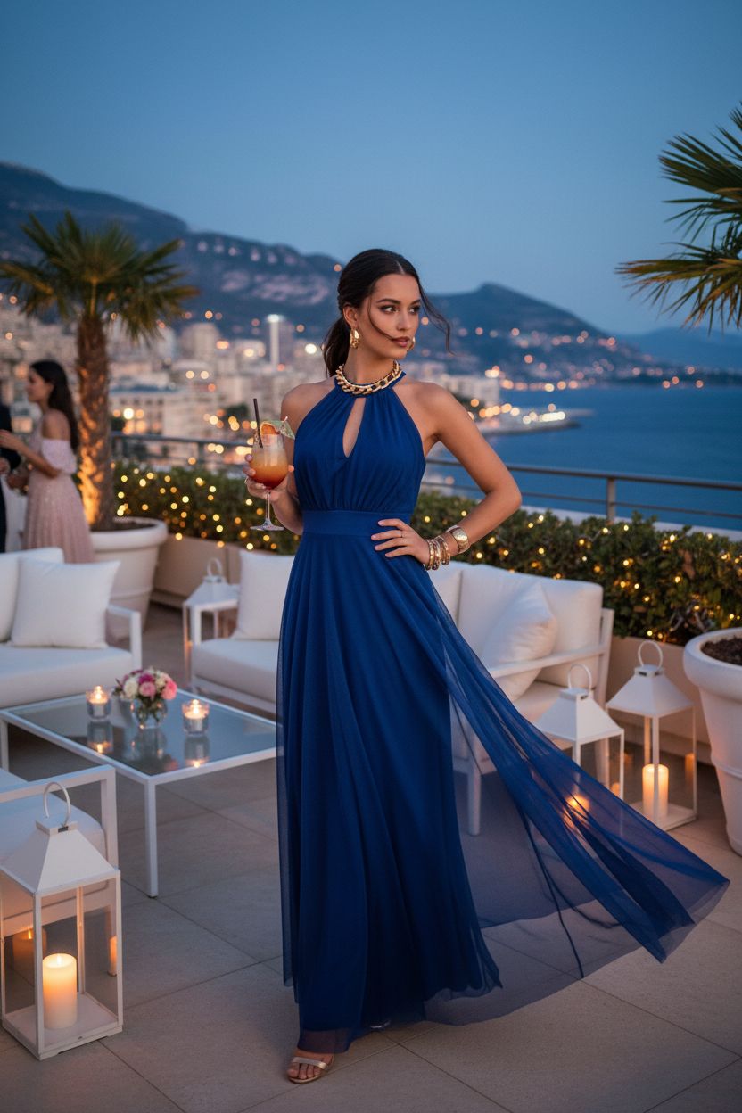 Vestido Invitada Boda Azul Royal Halter Tul - Elegante Largo Fiesta Evento