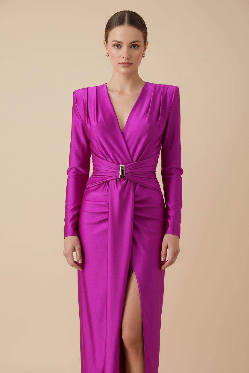 Vestido Fucsia Satinado Mangas Largas con Hebilla - Power Dressing