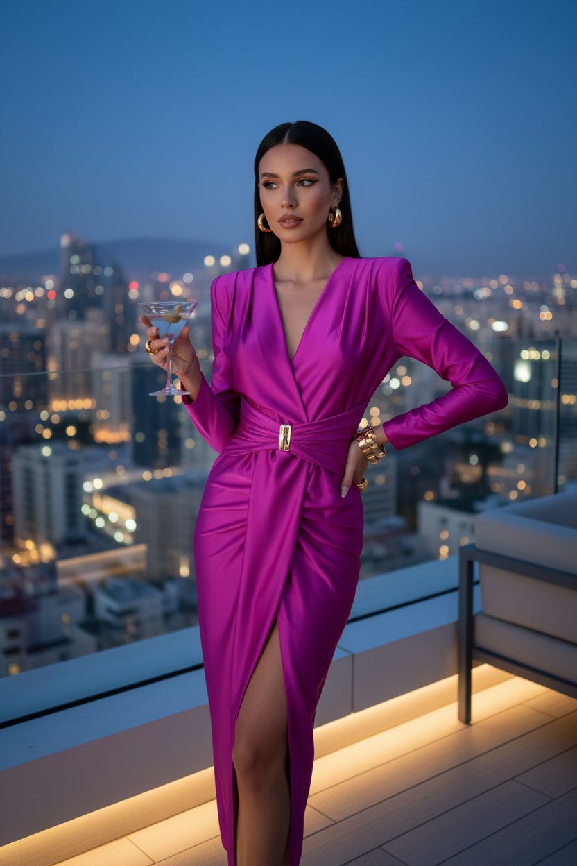 Vestido Fucsia Satinado Mangas Largas con Hebilla - Power Dressing