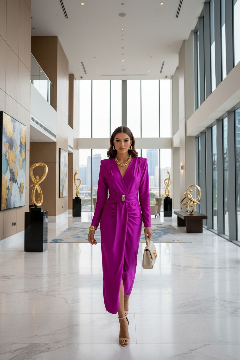 Vestido Fucsia Satinado Mangas Largas con Hebilla - Power Dressing