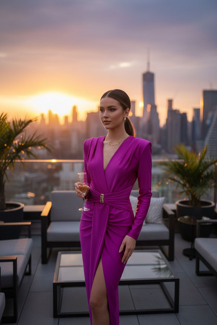 Vestido Fucsia Satinado Mangas Largas con Hebilla - Power Dressing