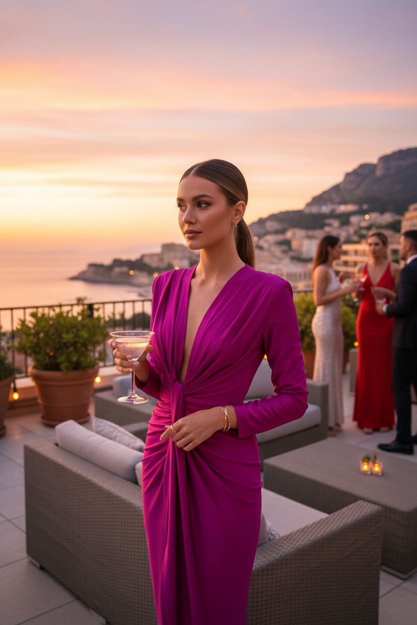 Vestido Fucsia Mangas Largas con Drapeado - Lujo Cosmopolita