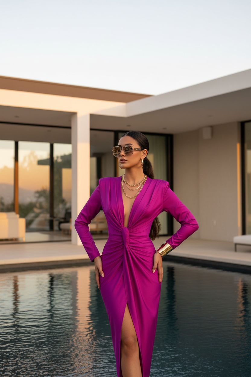 Vestido Fucsia Mangas Largas con Drapeado - Lujo Cosmopolita