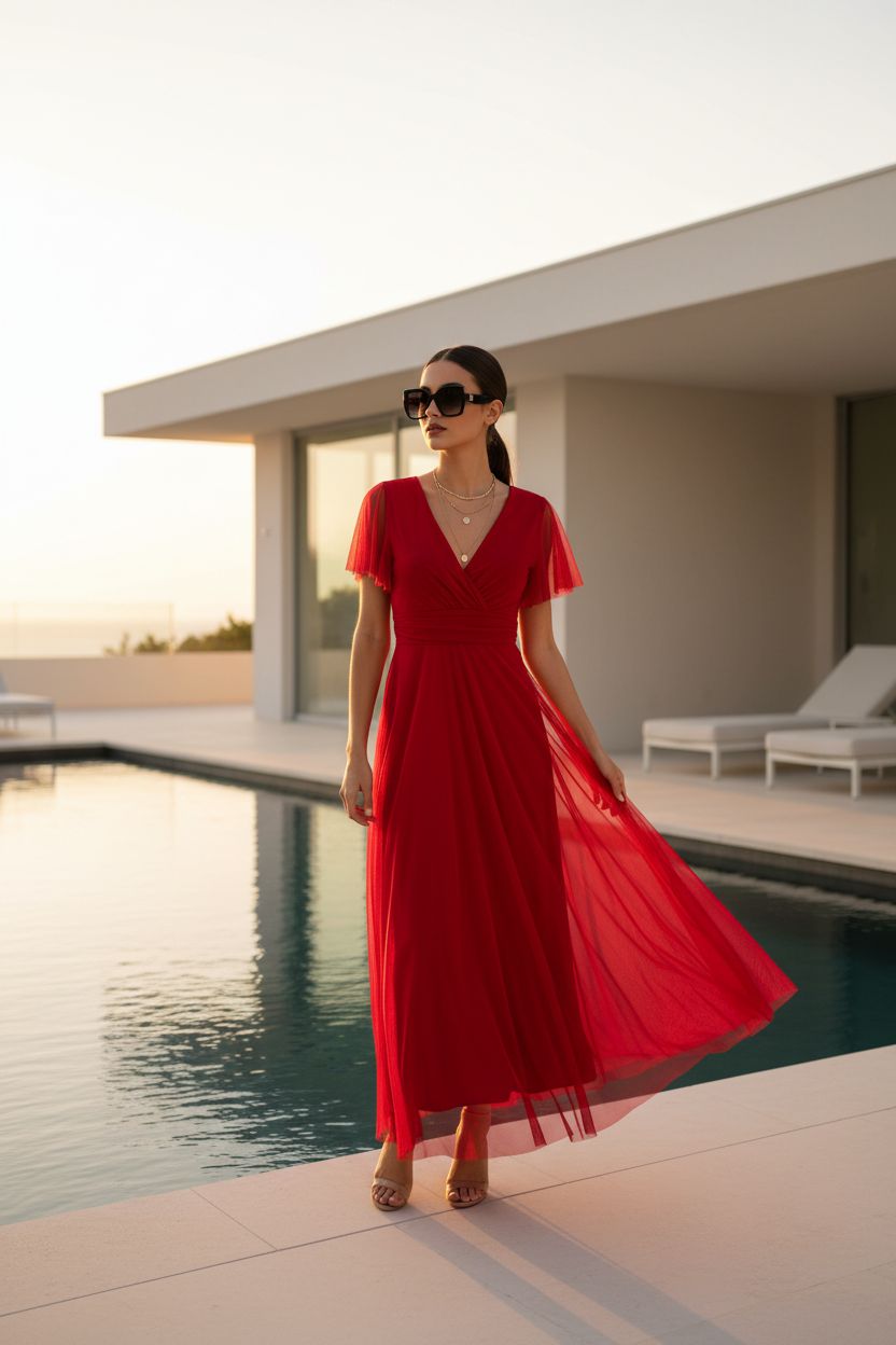 Vestido Rojo con Tul y Mangas Cortas - Romanticismo Atemporal