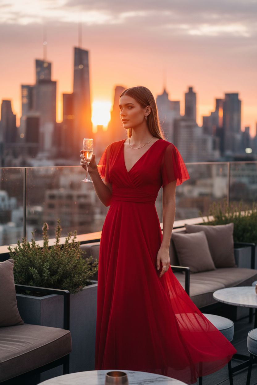 Vestido Rojo con Tul y Mangas Cortas - Romanticismo Atemporal