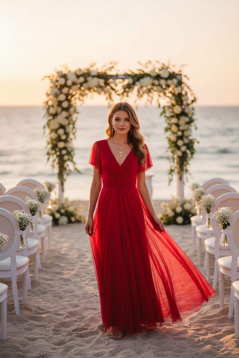 Vestido Rojo con Tul y Mangas Cortas - Romanticismo Atemporal