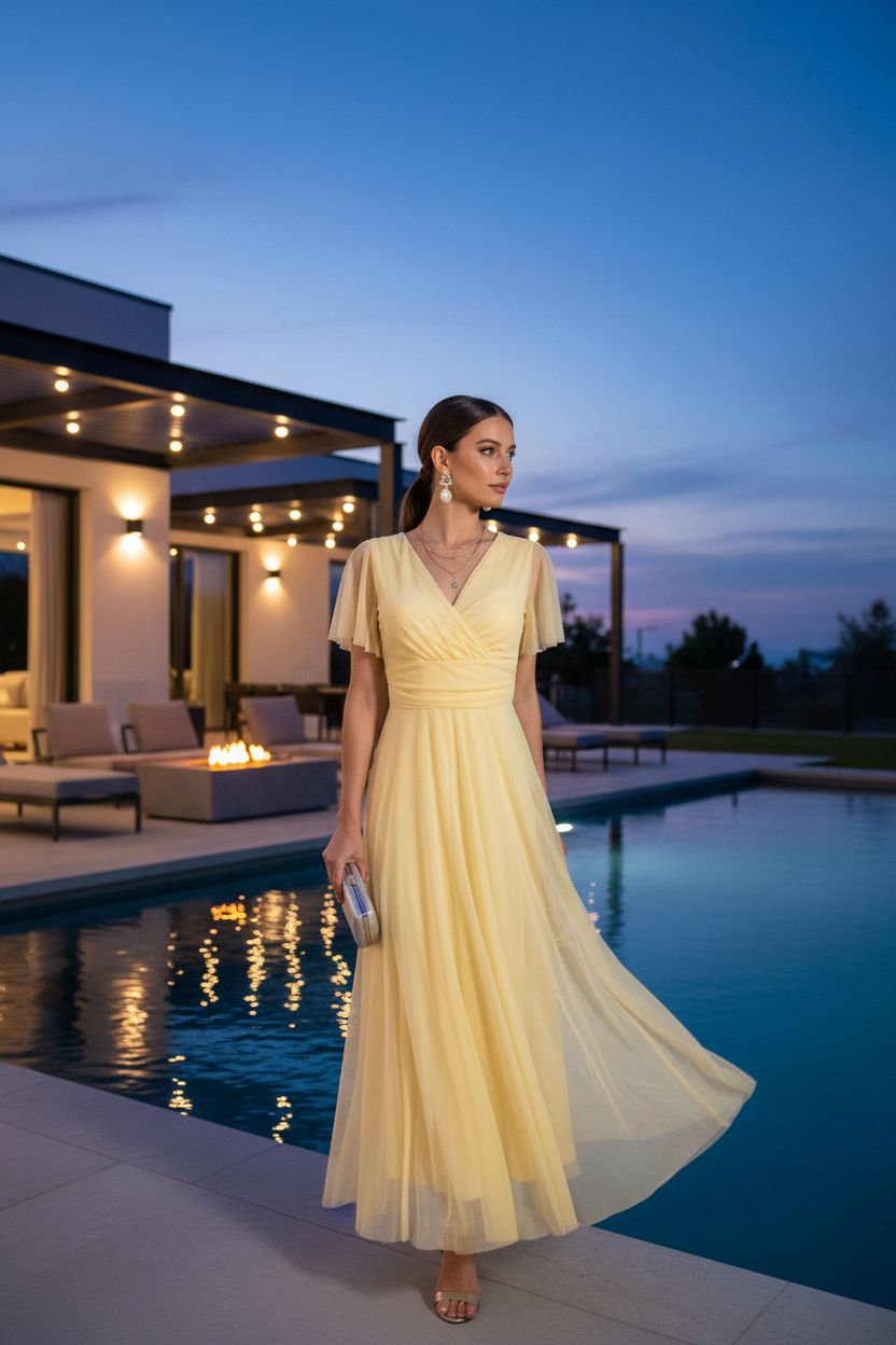 Vestido Amarillo Pastel con Tul - Lujo Mediterráneo