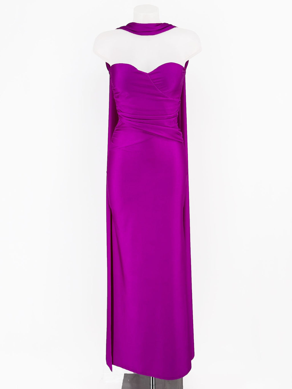 Vestido Largo Satén Magenta | Escote Corazón y Foulard Halter