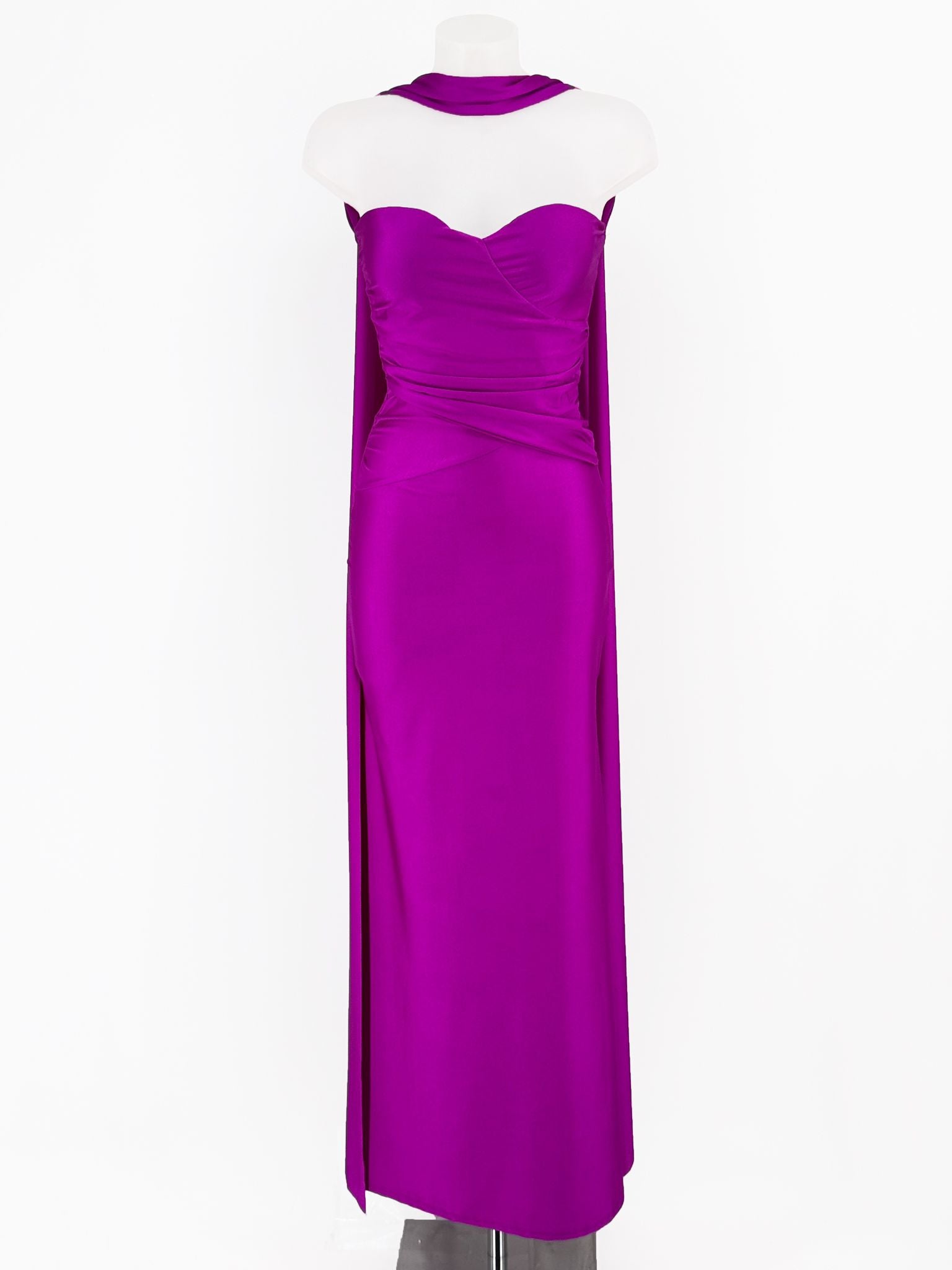 Vestido Largo Satén Magenta | Escote Corazón y Foulard Halter