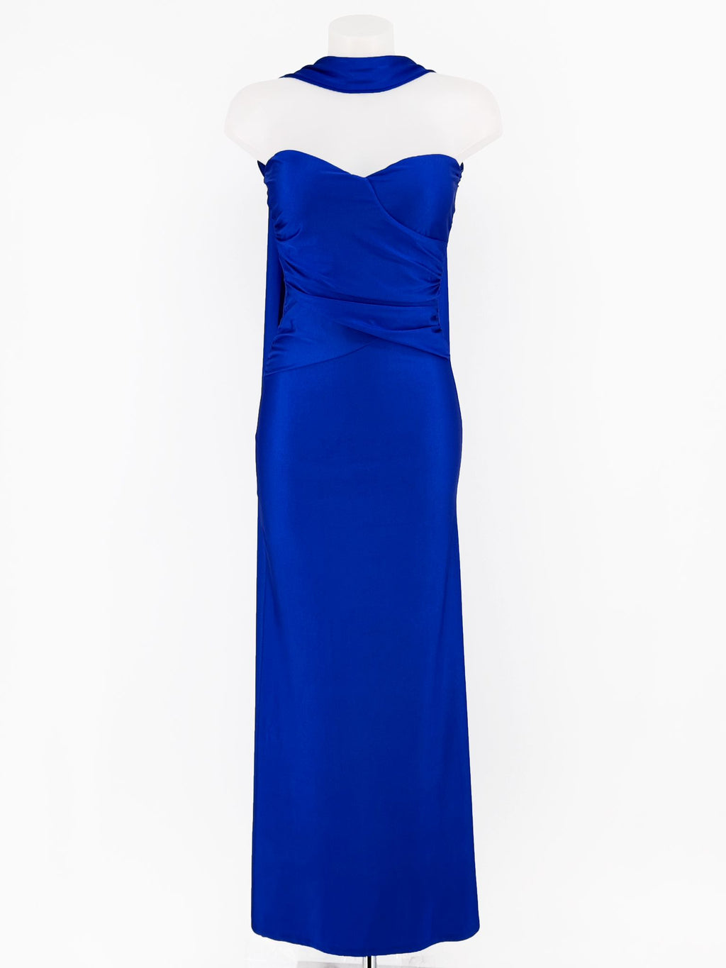 Vestido Largo Satén Azul Klein | Escote Corazón y Foulard Halter- Exclusivo online