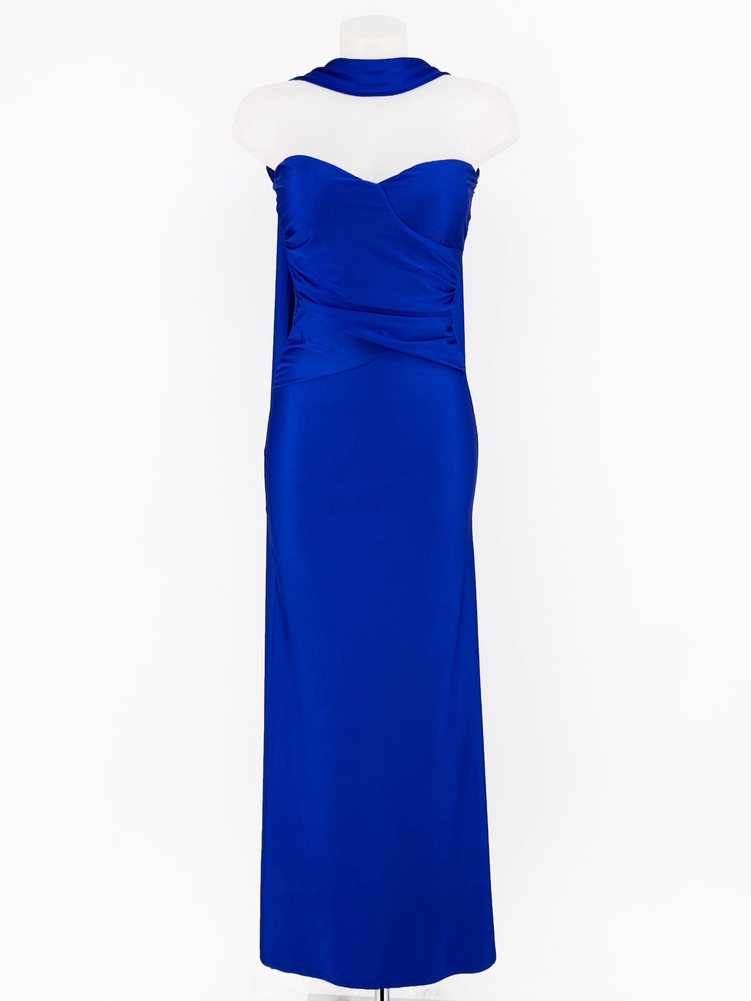 Vestido Largo Satén Azul Klein | Escote Corazón y Foulard Halter- Exclusivo online