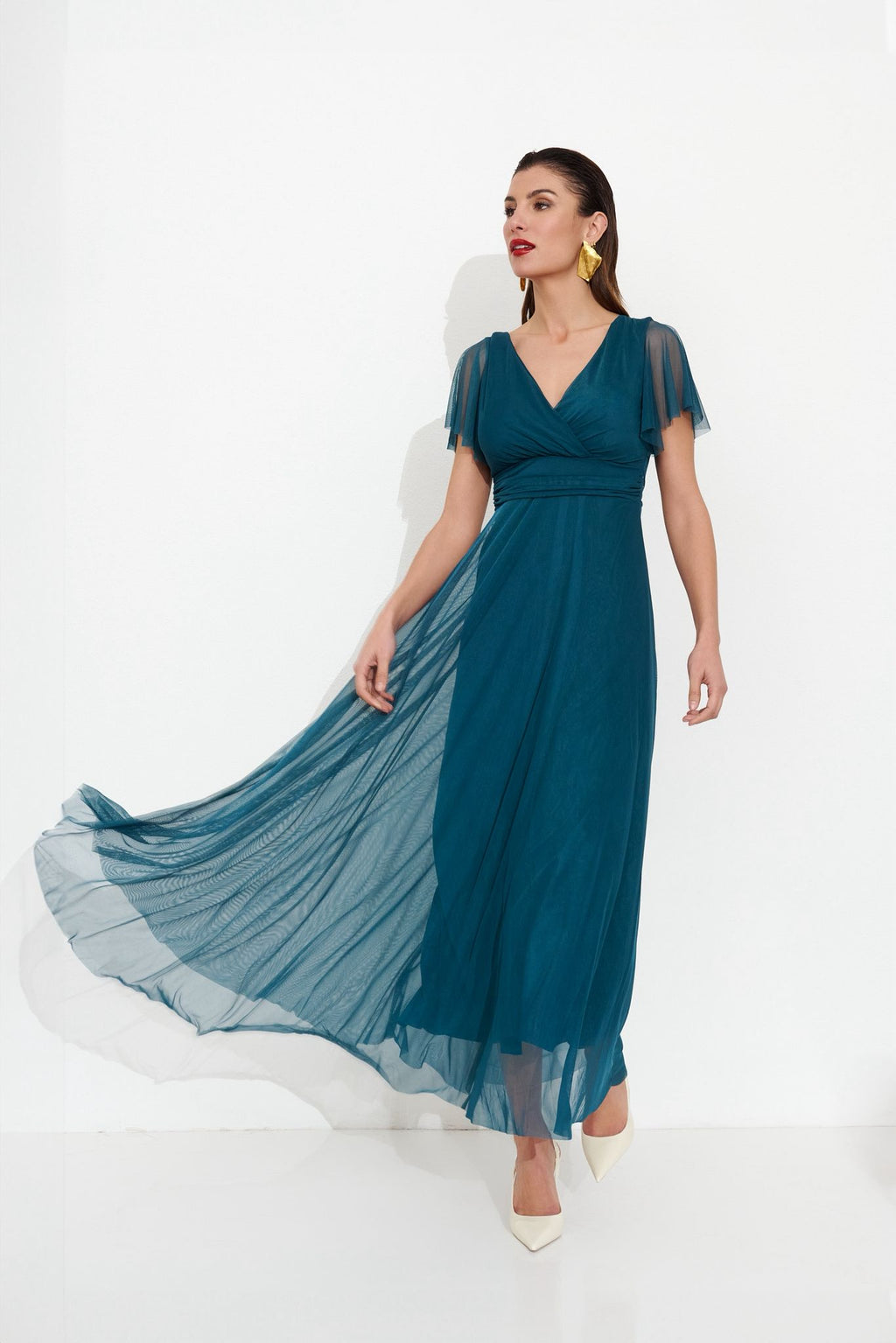Vestido Maxi Tul Verde Teal | Escote V y Mangas Mariposa- Exclusivo Online