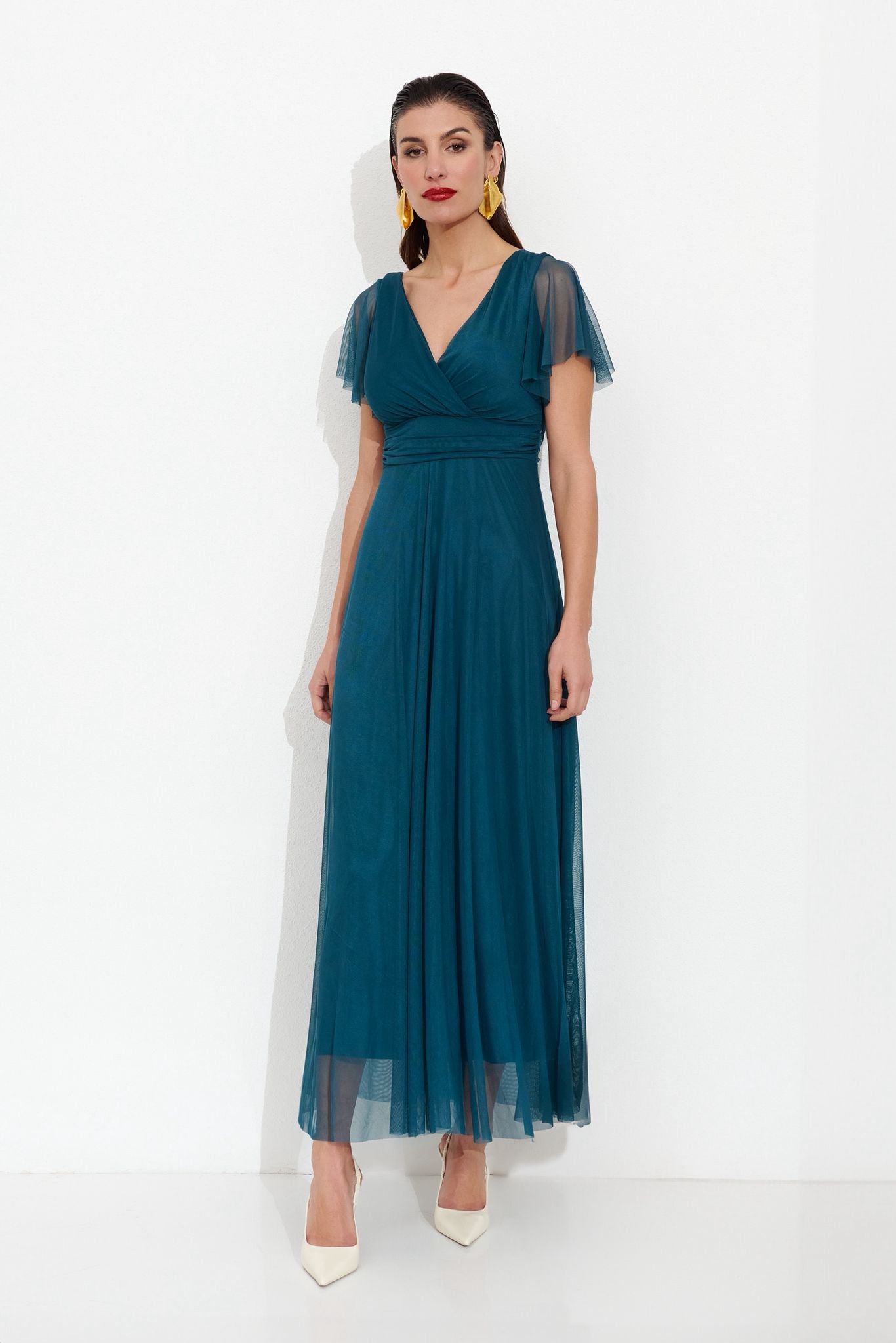 Vestido Maxi Tul Verde Teal | Escote V y Mangas Mariposa- Exclusivo Online