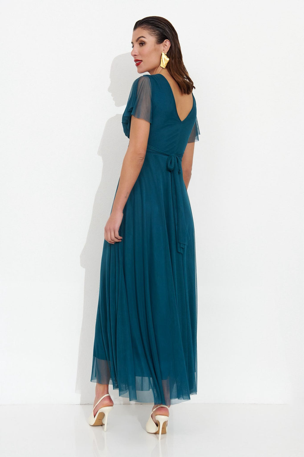 Vestido Maxi Tul Verde Teal | Escote V y Mangas Mariposa- Exclusivo Online