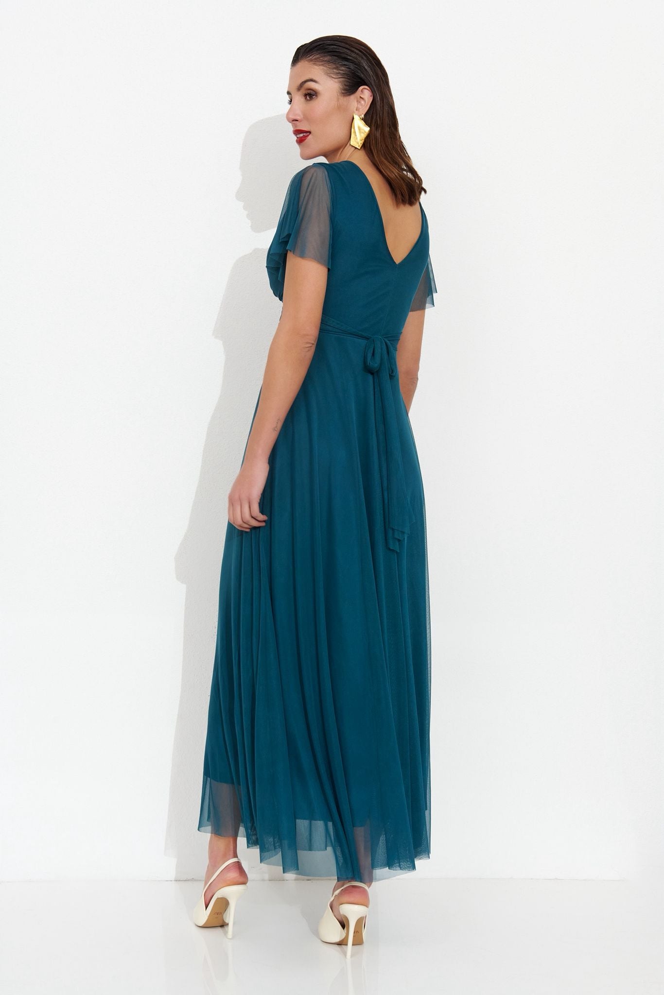 Vestido Maxi Tul Verde Teal | Escote V y Mangas Mariposa- Exclusivo Online