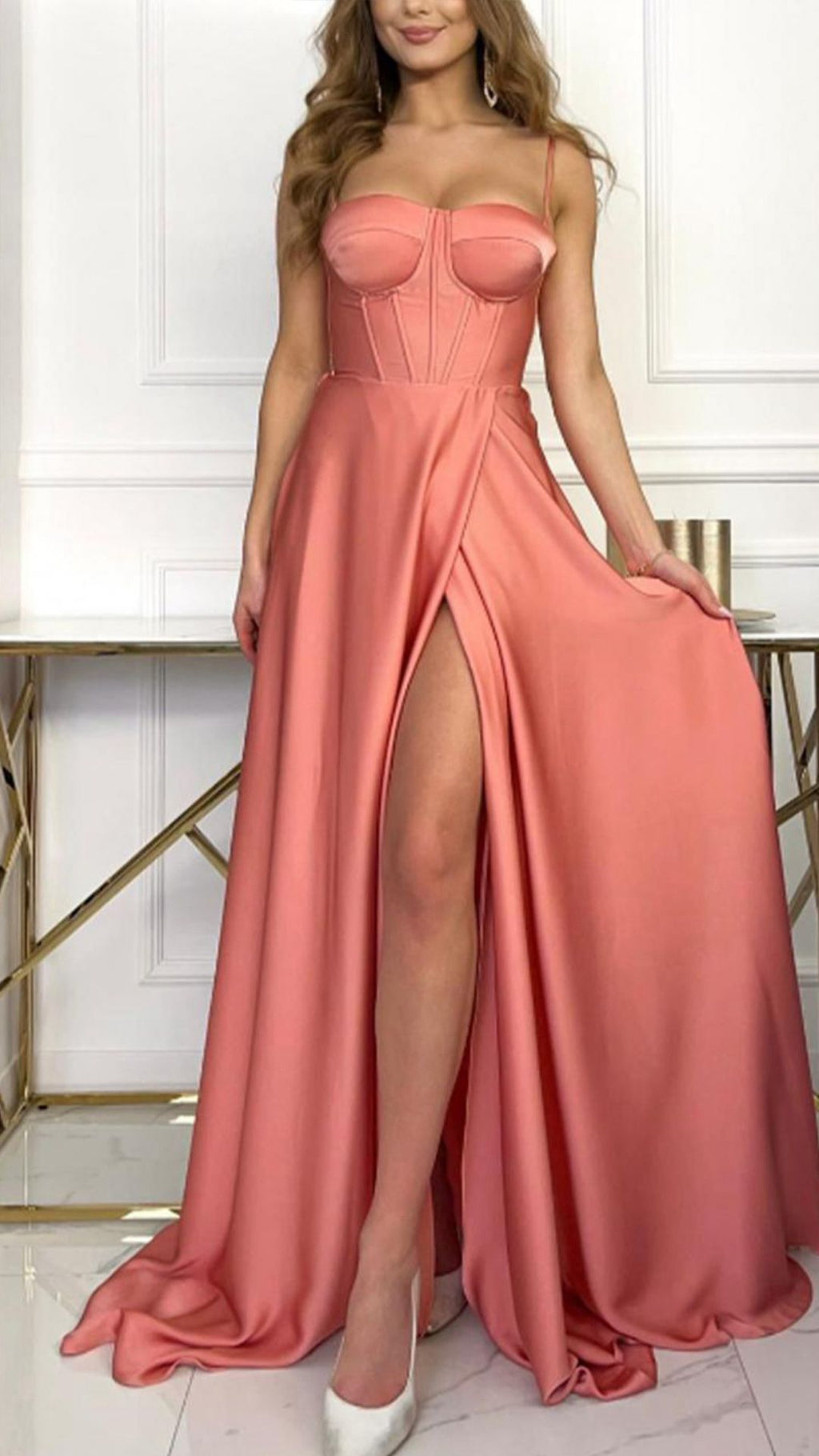 Vestido Corset Satén Coral | Largo con Abertura y Tirantes-Exclusivo Online- Vestido Invitada, graduación