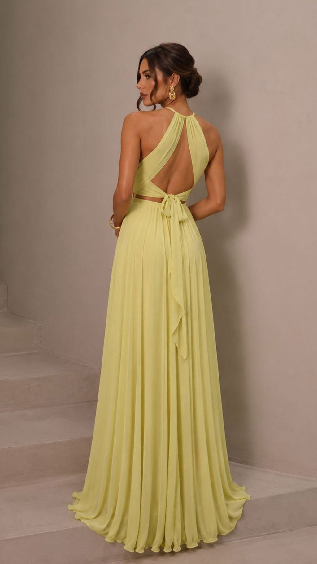 Vestido Largo Halter Amarillo Lima | Espalda Abierta y Abertura Lateral