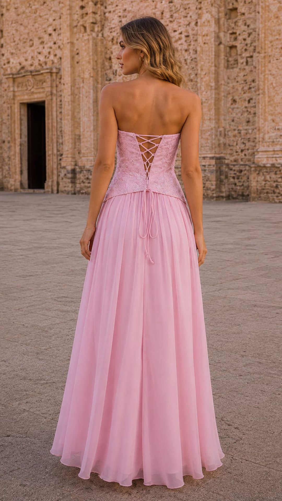 Vestido Rosa Corset Chifón con Espalda Lazo