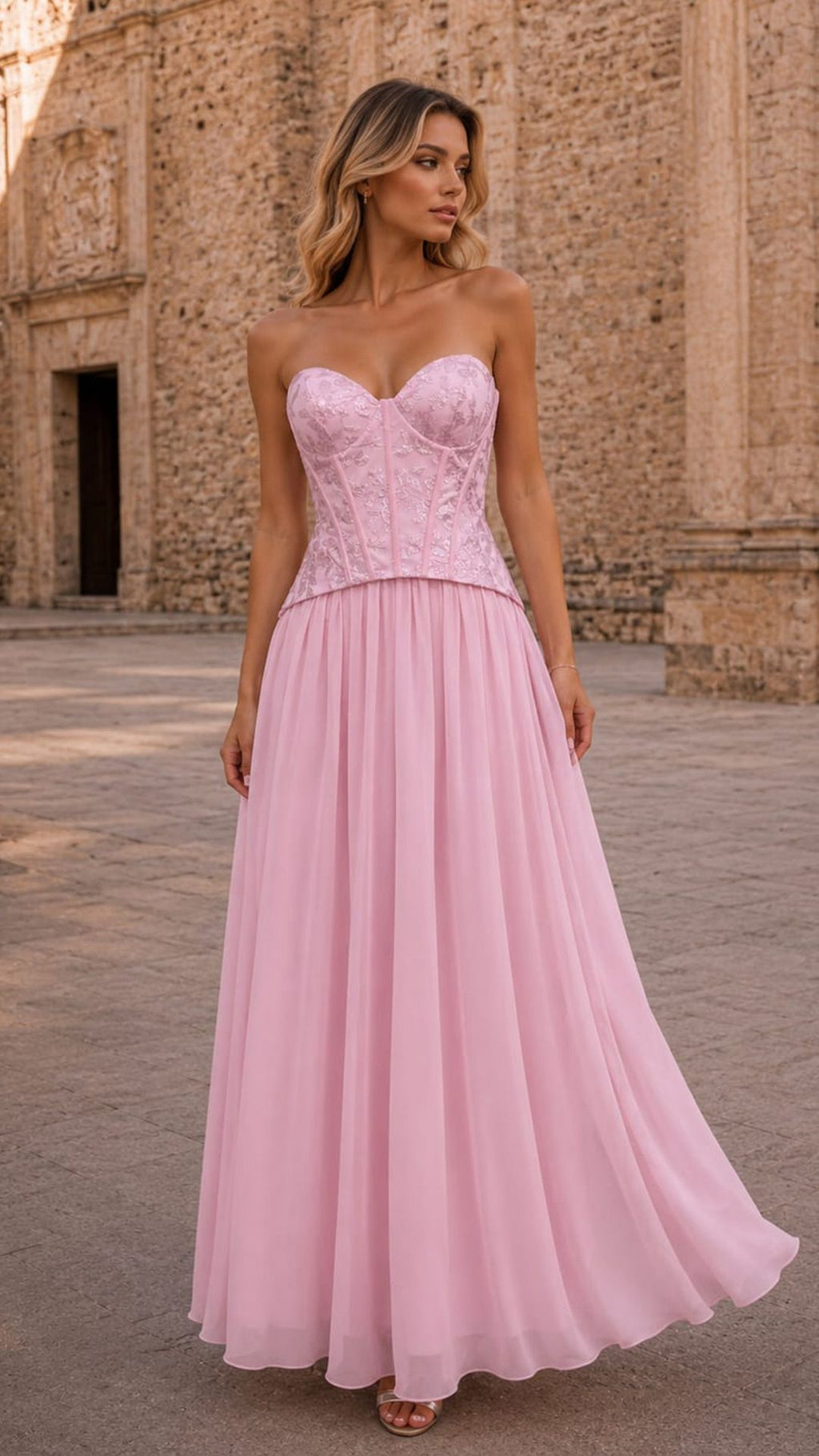 Vestido Rosa Corset Chifón con Espalda Lazo