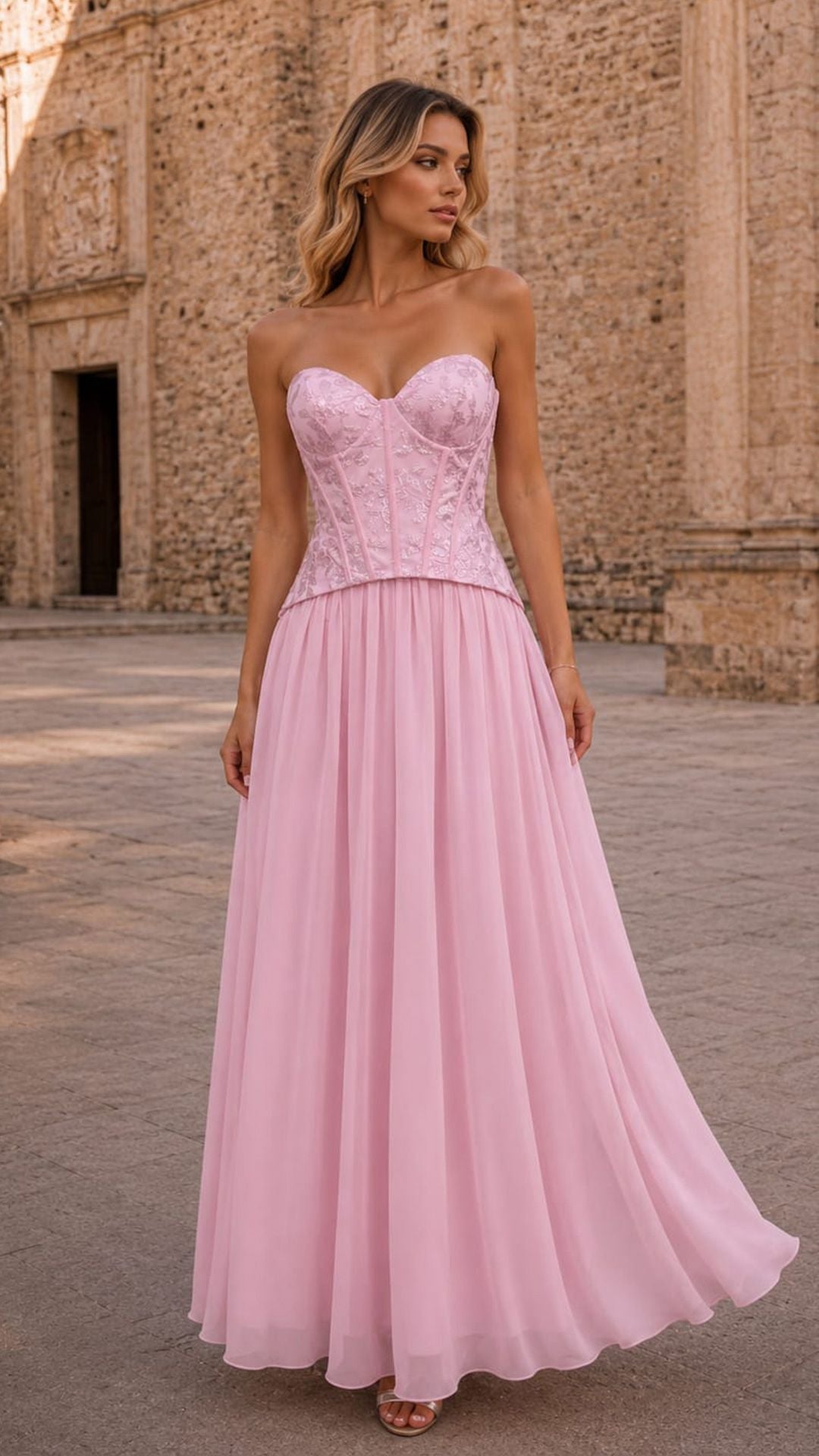 Vestido Rosa Corset Chifón con Espalda Lazo