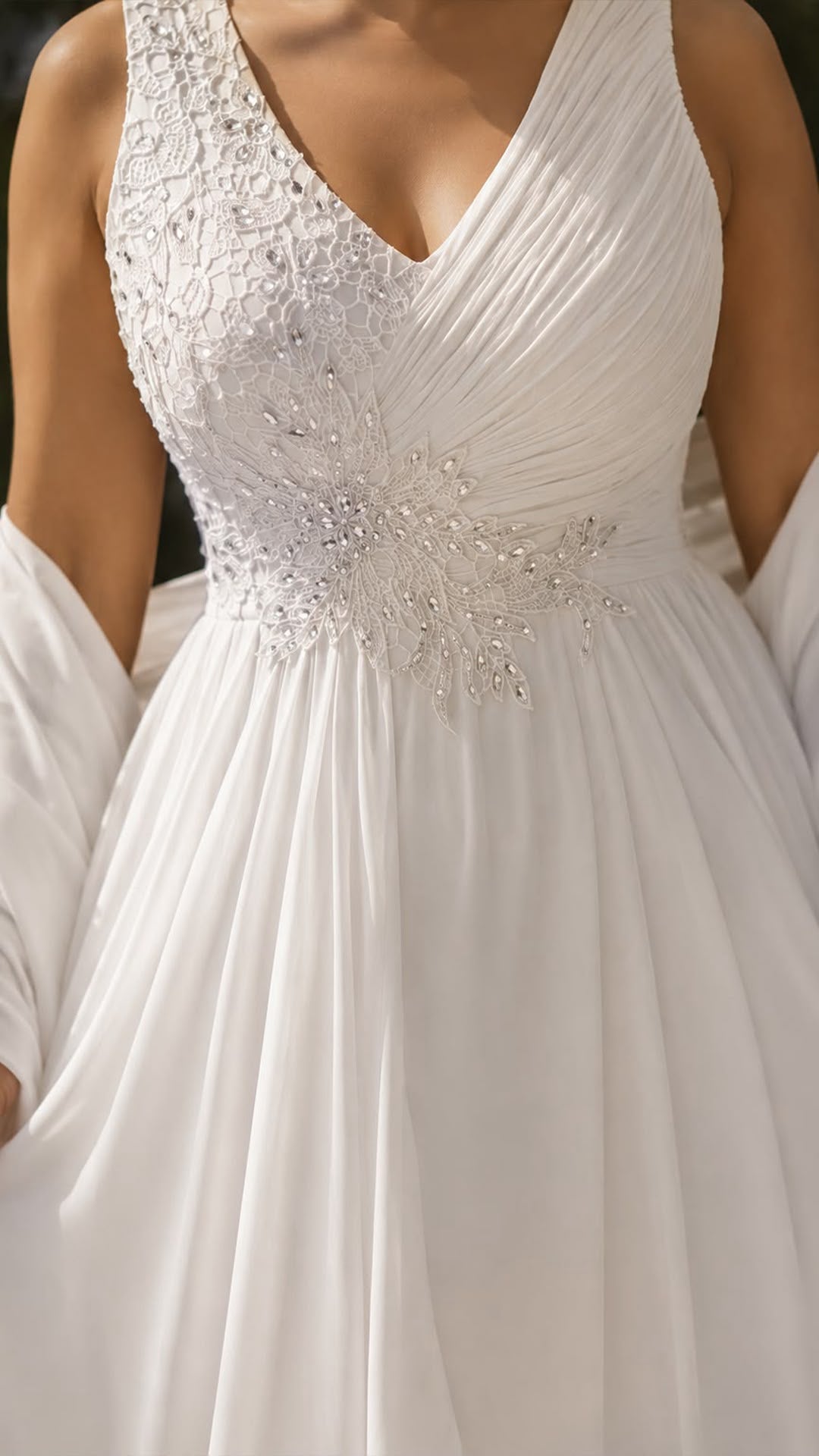Vestido Largo Novia Chiffon Blanco con Bordado y Pedrería