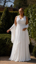 Vestido Largo Novia Chiffon Blanco con Bordado y Pedrería