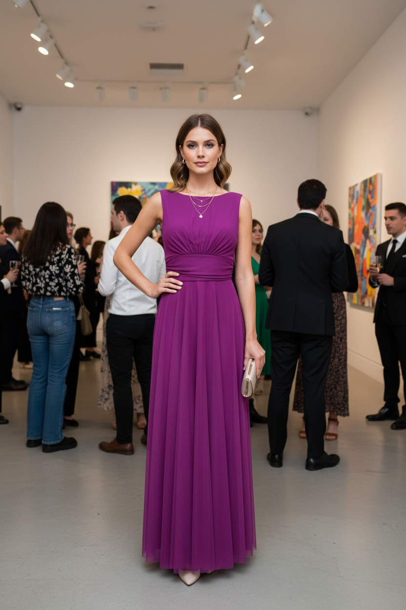 Vestido Magenta Tul - Vestido de Fiesta Elegante con Escote Barco