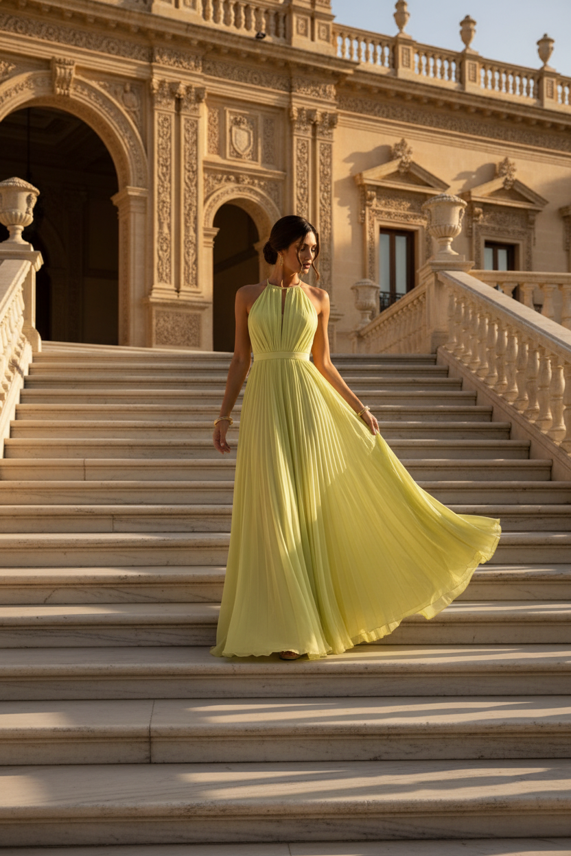 Vestido Largo Halter Amarillo Lima | Espalda Abierta y Abertura Lateral
