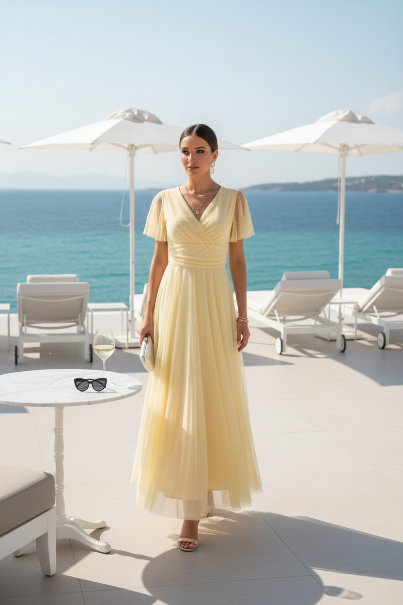 Vestido Amarillo Pastel con Tul - Lujo Mediterráneo