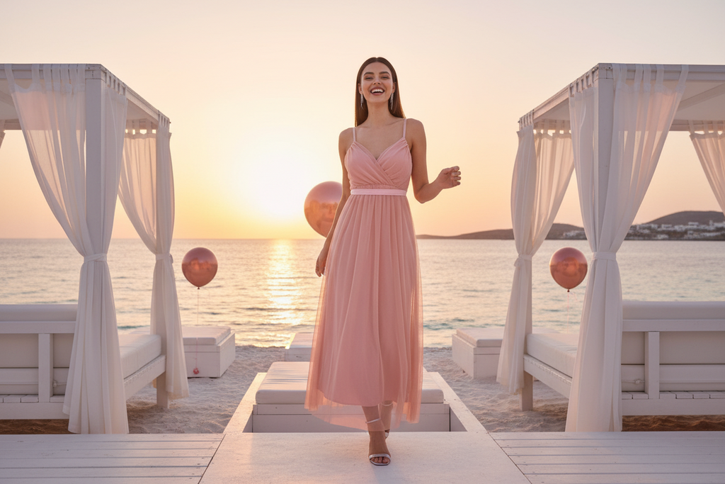 Vestido Rosa Pastel Tul - Vestido de Fiesta Romántico con Tirantes