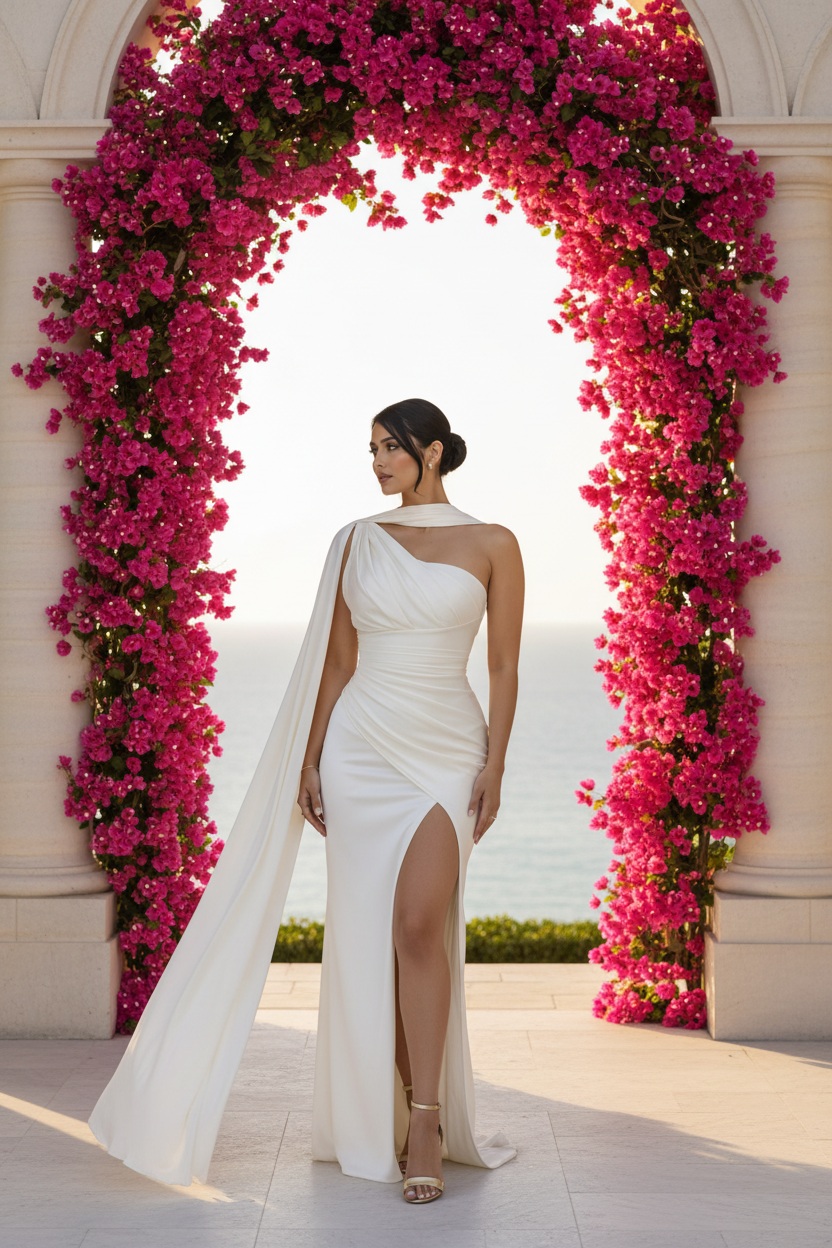 Vestido de Novia One-Shoulder con Capa — Elegancia Pura en Blanco- EXCLUSIVO ONLINE