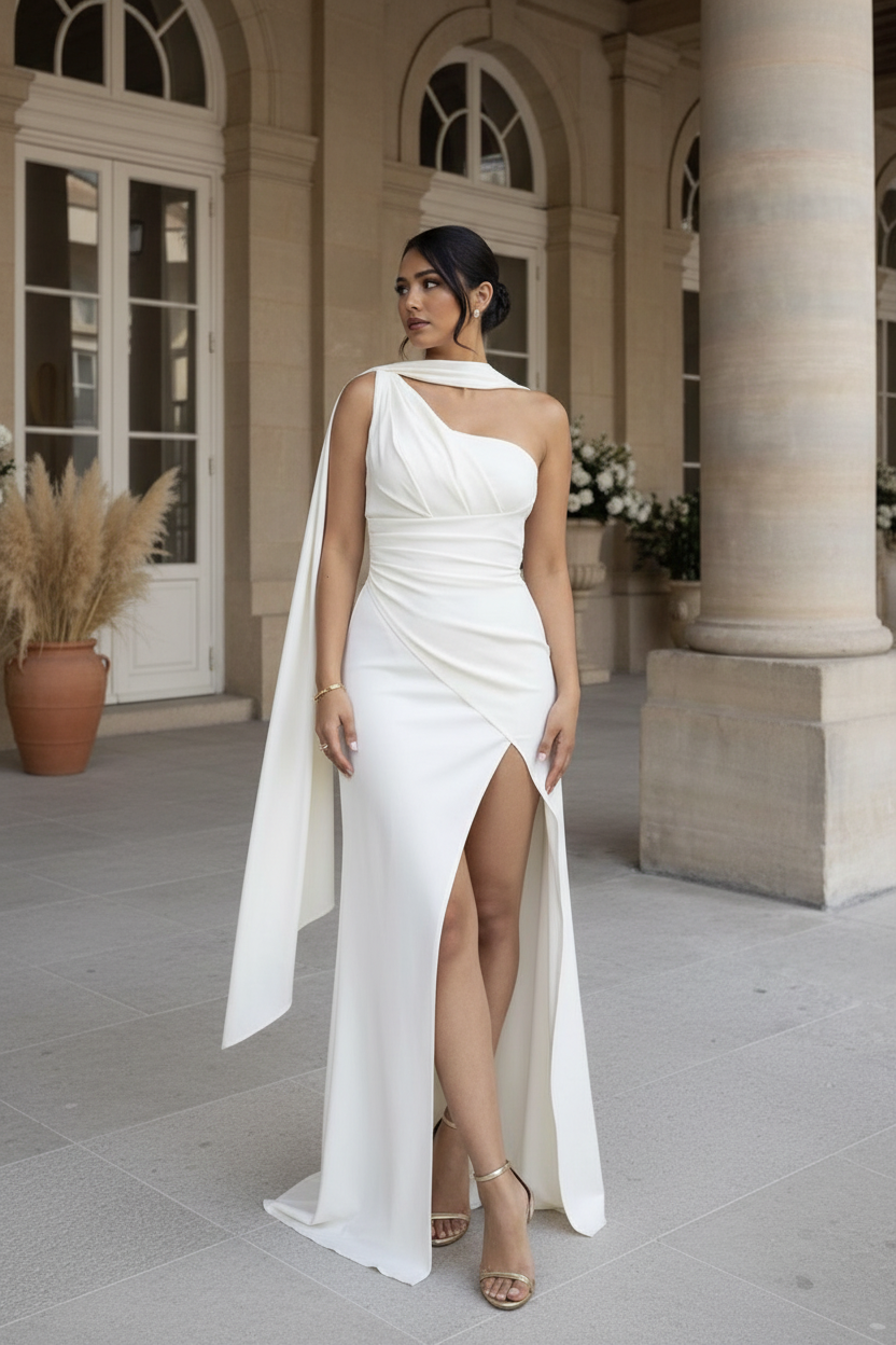 Vestido de Novia One-Shoulder con Capa — Elegancia Pura en Blanco- EXCLUSIVO ONLINE