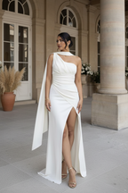 Vestido de Novia One-Shoulder con Capa — Elegancia Pura en Blanco- EXCLUSIVO ONLINE
