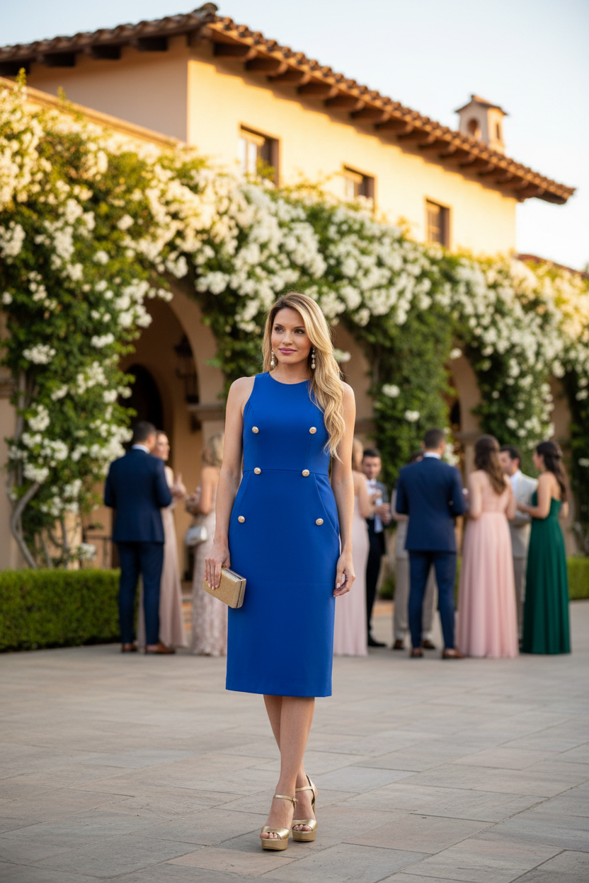 Vestido Midi Azul Royal con Botones Dorados Militares