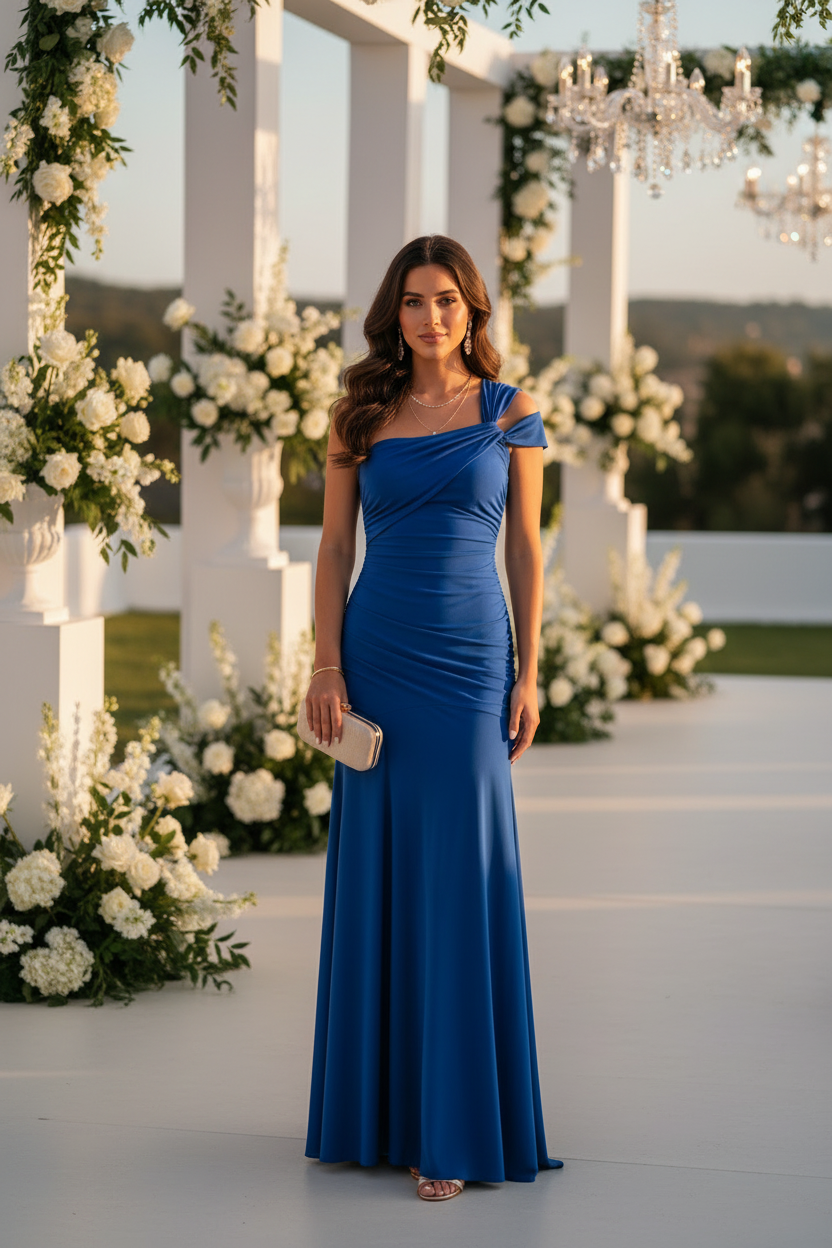 Vestido Azul Eléctrico Asimétrico con Lazo