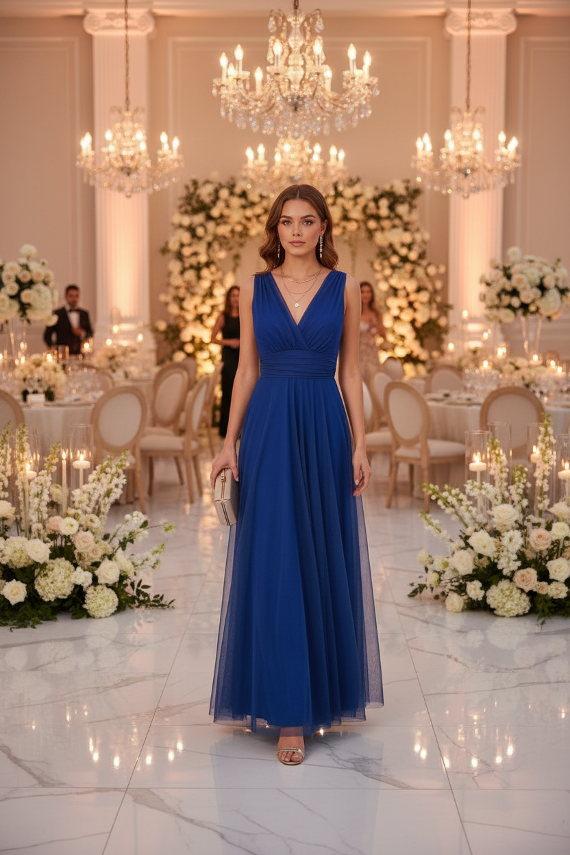 Vestido Azul Klein Cruzado con Tul - Elegancia Atemporal